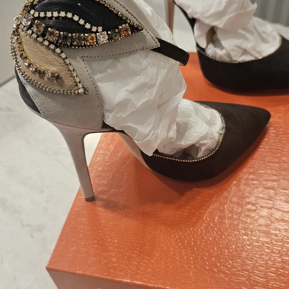 Roberto Cavalli Women’s Brown and Cream Embellished Suede Heels - Picture 7 of 16